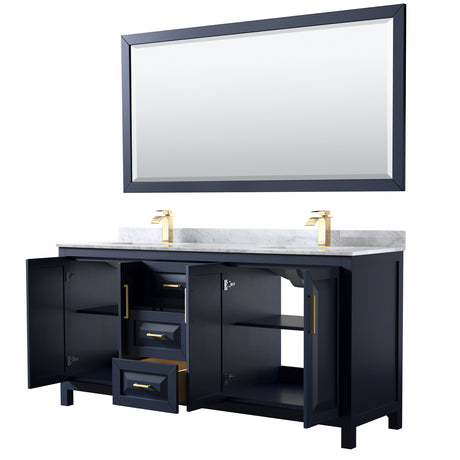 Daria 72 Inch Double Bathroom Vanity in Dark Blue White Carrara Marble Countertop Undermount Square Sinks 70 Inch Mirror