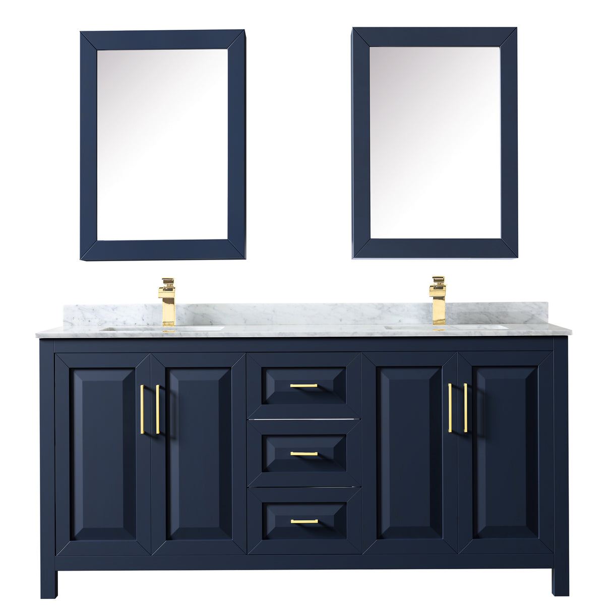 Daria 72 Inch Double Bathroom Vanity in Dark Blue White Carrara Marble Countertop Undermount Square Sinks Medicine Cabinets