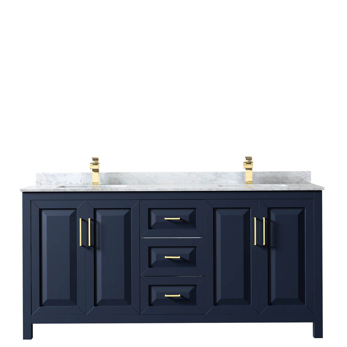 Daria 72 Inch Double Bathroom Vanity in Dark Blue White Carrara Marble Countertop Undermount Square Sinks No Mirror