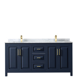 Daria 72 Inch Double Bathroom Vanity in Dark Blue White Carrara Marble Countertop Undermount Square Sinks No Mirror