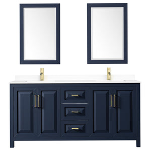 Daria 72 Inch Double Bathroom Vanity in Dark Blue White Cultured Marble Countertop Undermount Square Sinks 24 Inch Mirrors