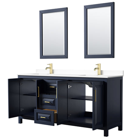 Daria 72 Inch Double Bathroom Vanity in Dark Blue White Cultured Marble Countertop Undermount Square Sinks 24 Inch Mirrors