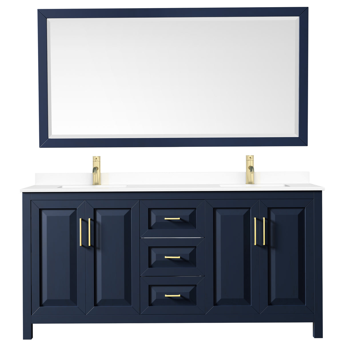Daria 72 Inch Double Bathroom Vanity in Dark Blue White Cultured Marble Countertop Undermount Square Sinks 70 Inch Mirror