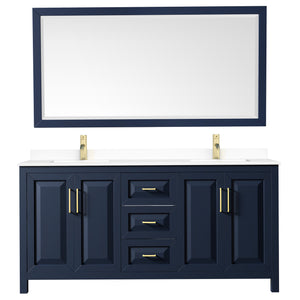 Daria 72 Inch Double Bathroom Vanity in Dark Blue White Cultured Marble Countertop Undermount Square Sinks 70 Inch Mirror