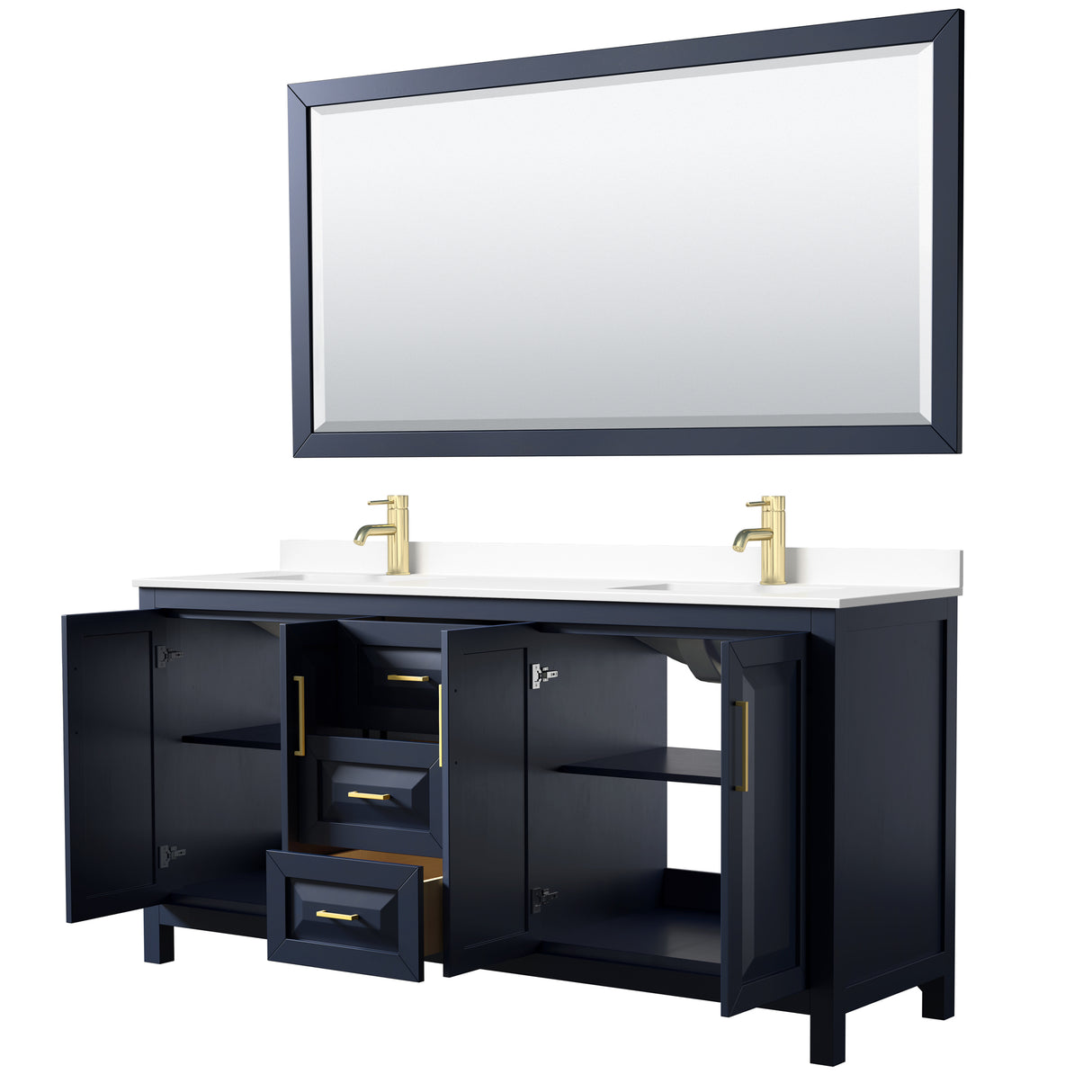 Daria 72 Inch Double Bathroom Vanity in Dark Blue White Cultured Marble Countertop Undermount Square Sinks 70 Inch Mirror