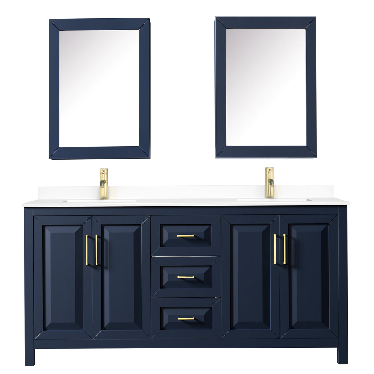 Daria 72 Inch Double Bathroom Vanity in Dark Blue White Cultured Marble Countertop Undermount Square Sinks Medicine Cabinets