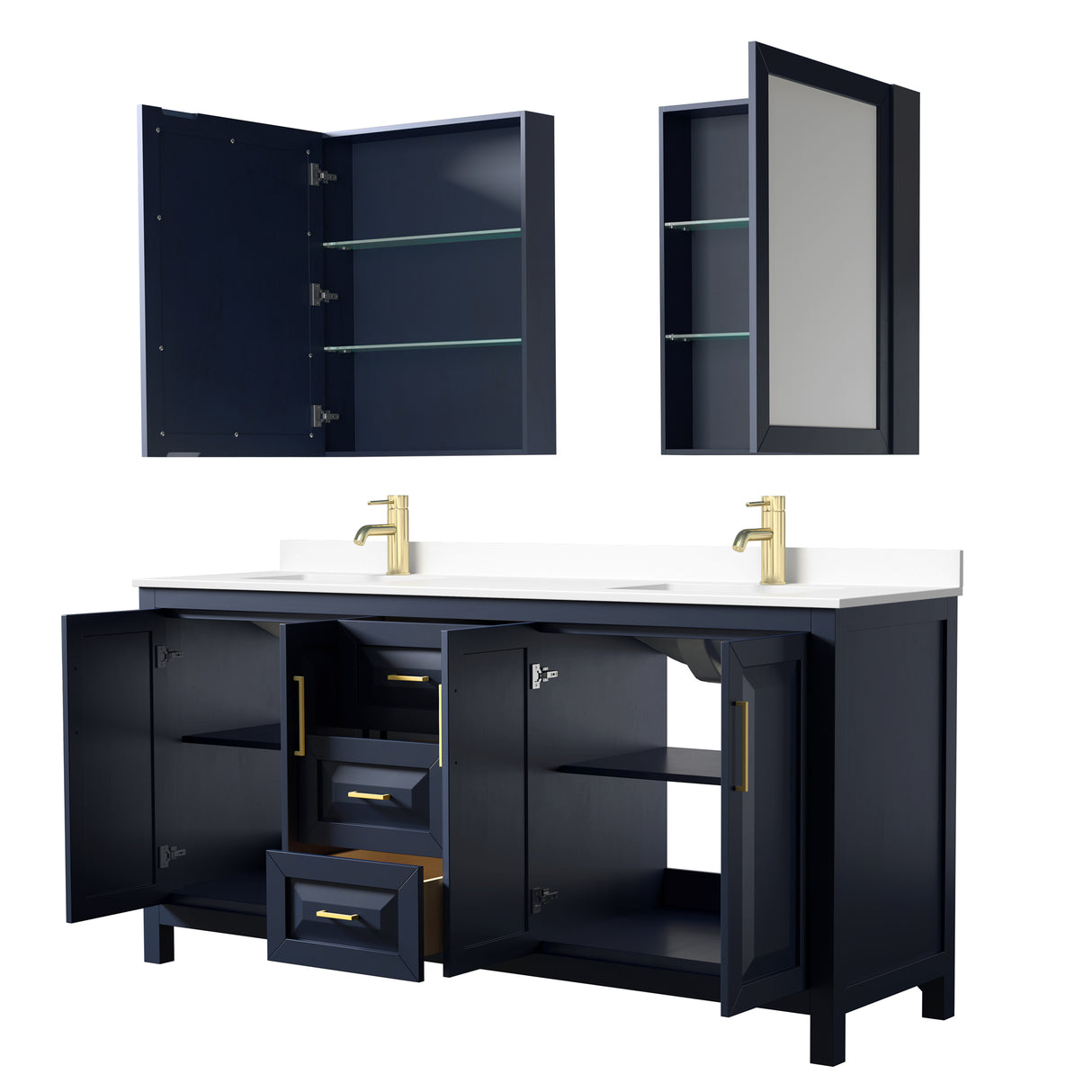 Daria 72 Inch Double Bathroom Vanity in Dark Blue White Cultured Marble Countertop Undermount Square Sinks Medicine Cabinets