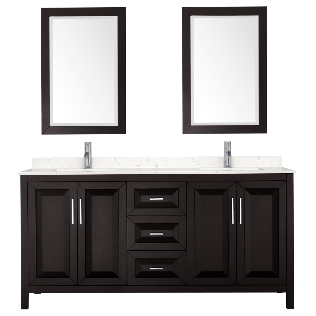 Daria 72 Inch Double Bathroom Vanity in Dark Espresso Carrara Cultured Marble Countertop Undermount Square Sinks 24 Inch Mirrors