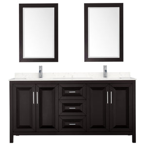 Daria 72 Inch Double Bathroom Vanity in Dark Espresso Carrara Cultured Marble Countertop Undermount Square Sinks 24 Inch Mirrors