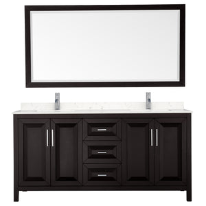 Daria 72 Inch Double Bathroom Vanity in Dark Espresso Carrara Cultured Marble Countertop Undermount Square Sinks 70 Inch Mirror