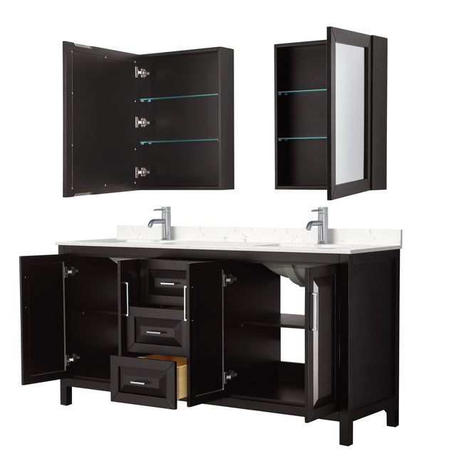 Daria 72 Inch Double Bathroom Vanity in Dark Espresso Carrara Cultured Marble Countertop Undermount Square Sinks Medicine Cabinets