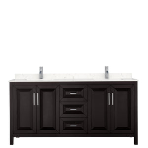 Daria 72 Inch Double Bathroom Vanity in Dark Espresso Carrara Cultured Marble Countertop Undermount Square Sinks No Mirror