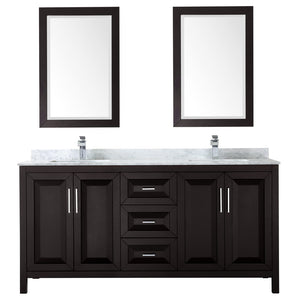 Daria 72 Inch Double Bathroom Vanity in Dark Espresso White Carrara Marble Countertop Undermount Square Sinks and 24 Inch Mirrors