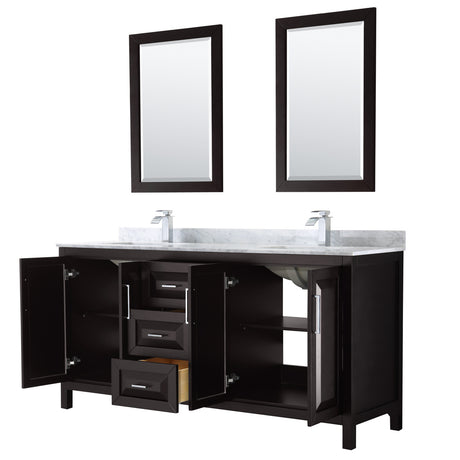 Daria 72 Inch Double Bathroom Vanity in Dark Espresso White Carrara Marble Countertop Undermount Square Sinks and 24 Inch Mirrors