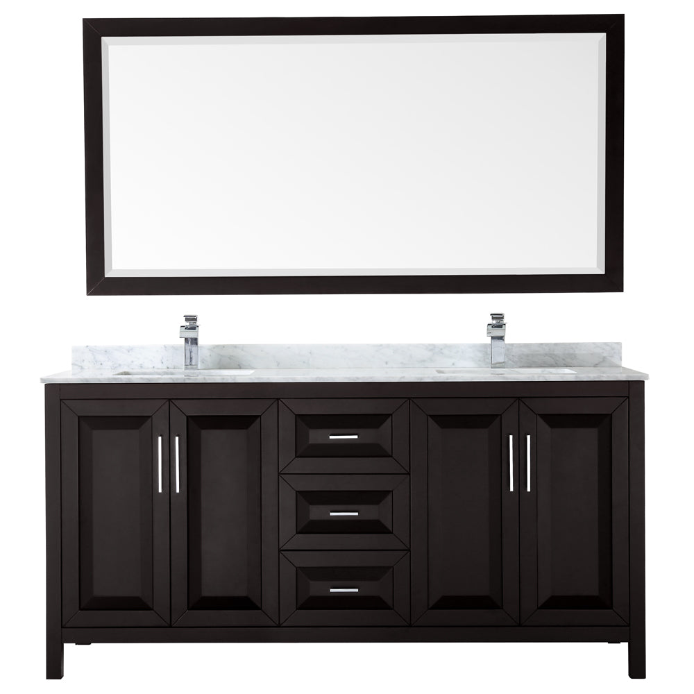 Daria 72 Inch Double Bathroom Vanity in Dark Espresso White Carrara Marble Countertop Undermount Square Sinks and 70 Inch Mirror
