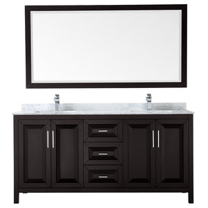 Daria 72 Inch Double Bathroom Vanity in Dark Espresso White Carrara Marble Countertop Undermount Square Sinks and 70 Inch Mirror