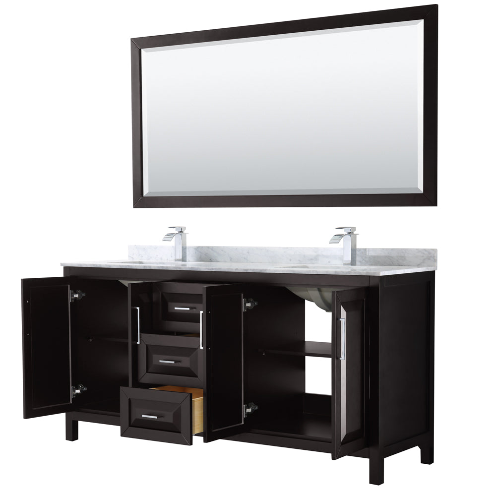 Daria 72 Inch Double Bathroom Vanity in Dark Espresso White Carrara Marble Countertop Undermount Square Sinks and 70 Inch Mirror