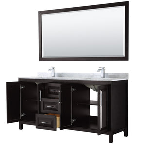 Daria 72 Inch Double Bathroom Vanity in Dark Espresso White Carrara Marble Countertop Undermount Square Sinks and 70 Inch Mirror