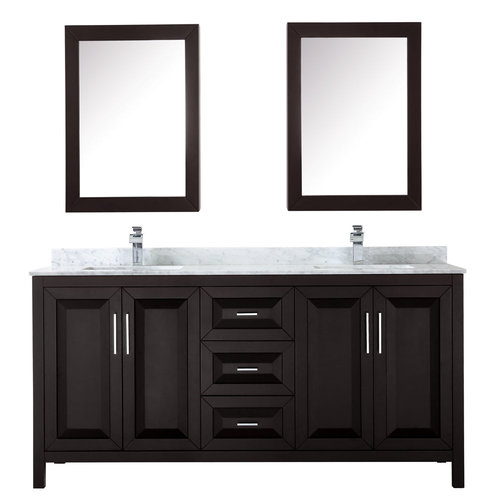 Daria 72 Inch Double Bathroom Vanity in Dark Espresso White Carrara Marble Countertop Undermount Square Sinks and Medicine Cabinets