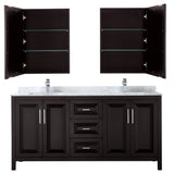 Daria 72 Inch Double Bathroom Vanity in Dark Espresso White Carrara Marble Countertop Undermount Square Sinks and Medicine Cabinets