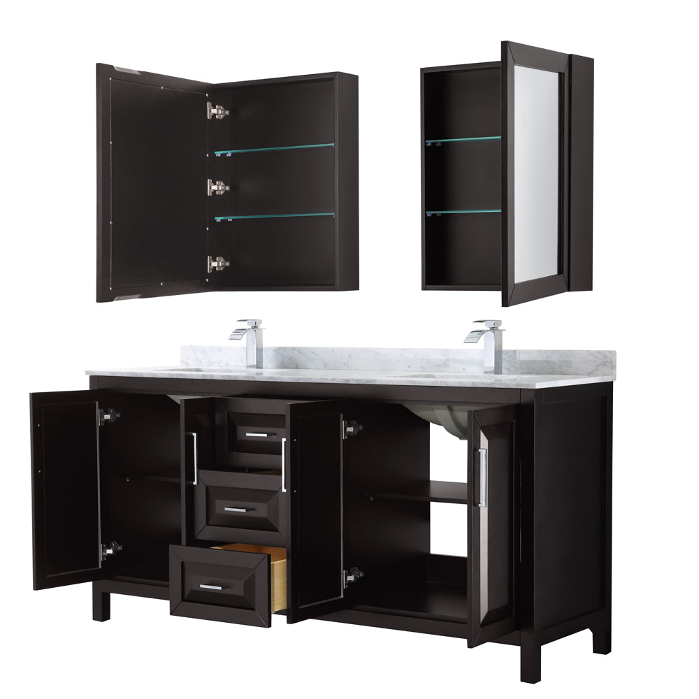 Daria 72 Inch Double Bathroom Vanity in Dark Espresso White Carrara Marble Countertop Undermount Square Sinks and Medicine Cabinets