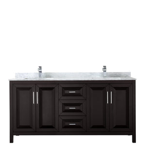 Daria 72 Inch Double Bathroom Vanity in Dark Espresso White Carrara Marble Countertop Undermount Square Sinks and No Mirror