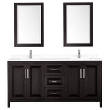 Daria 72 Inch Double Bathroom Vanity in Dark Espresso White Cultured Marble Countertop Undermount Square Sinks 24 Inch Mirrors