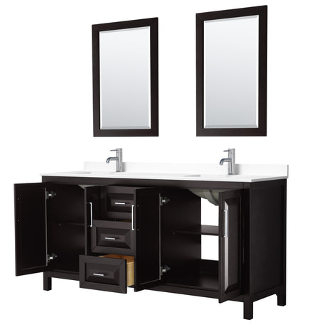 Daria 72 Inch Double Bathroom Vanity in Dark Espresso White Cultured Marble Countertop Undermount Square Sinks 24 Inch Mirrors