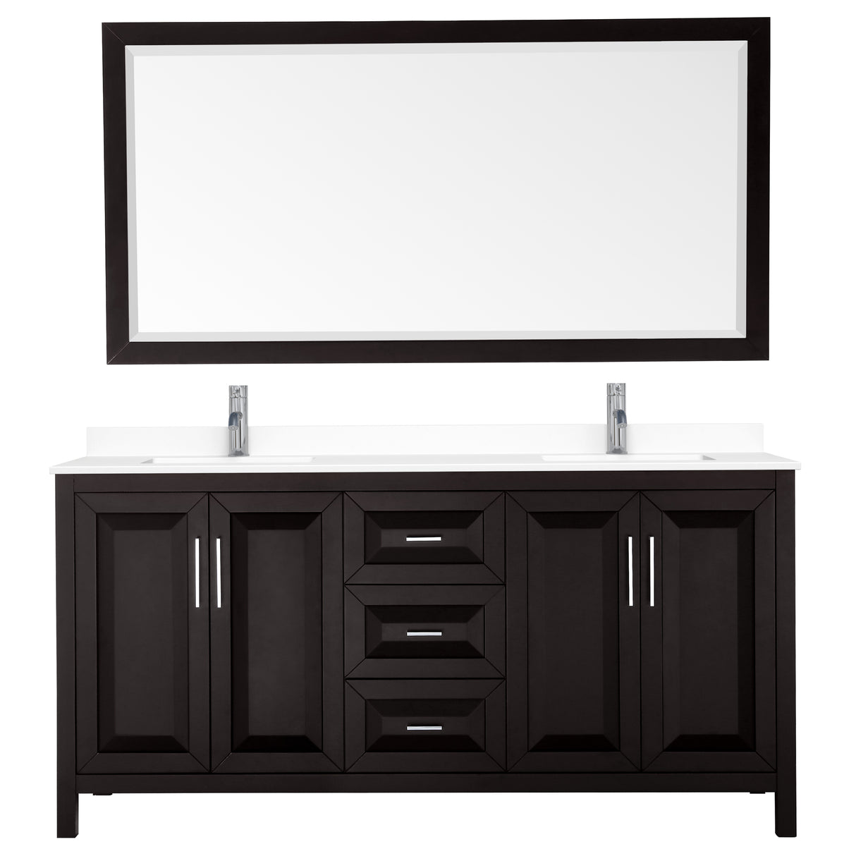 Daria 72 Inch Double Bathroom Vanity in Dark Espresso White Cultured Marble Countertop Undermount Square Sinks 70 Inch Mirror