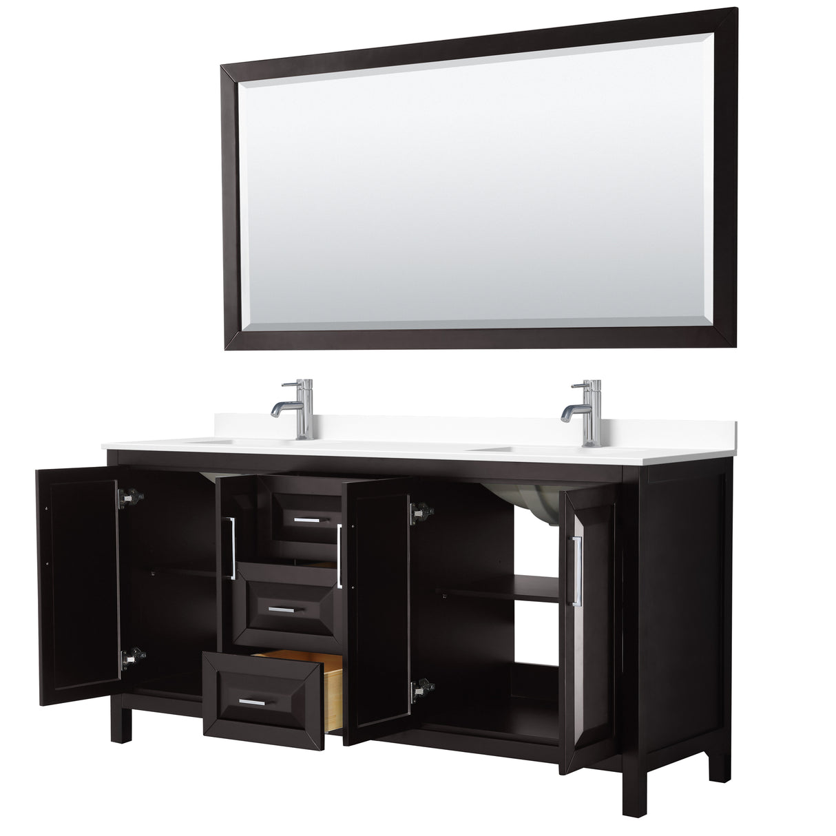 Daria 72 Inch Double Bathroom Vanity in Dark Espresso White Cultured Marble Countertop Undermount Square Sinks 70 Inch Mirror