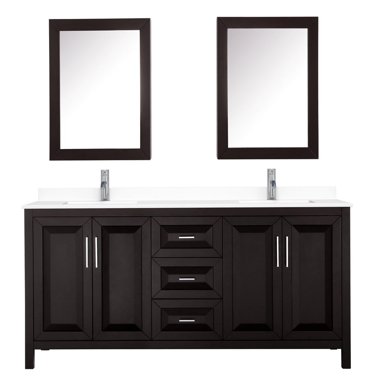 Daria 72 Inch Double Bathroom Vanity in Dark Espresso White Cultured Marble Countertop Undermount Square Sinks Medicine Cabinets