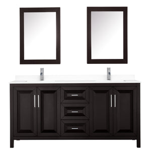 Daria 72 Inch Double Bathroom Vanity in Dark Espresso White Cultured Marble Countertop Undermount Square Sinks Medicine Cabinets