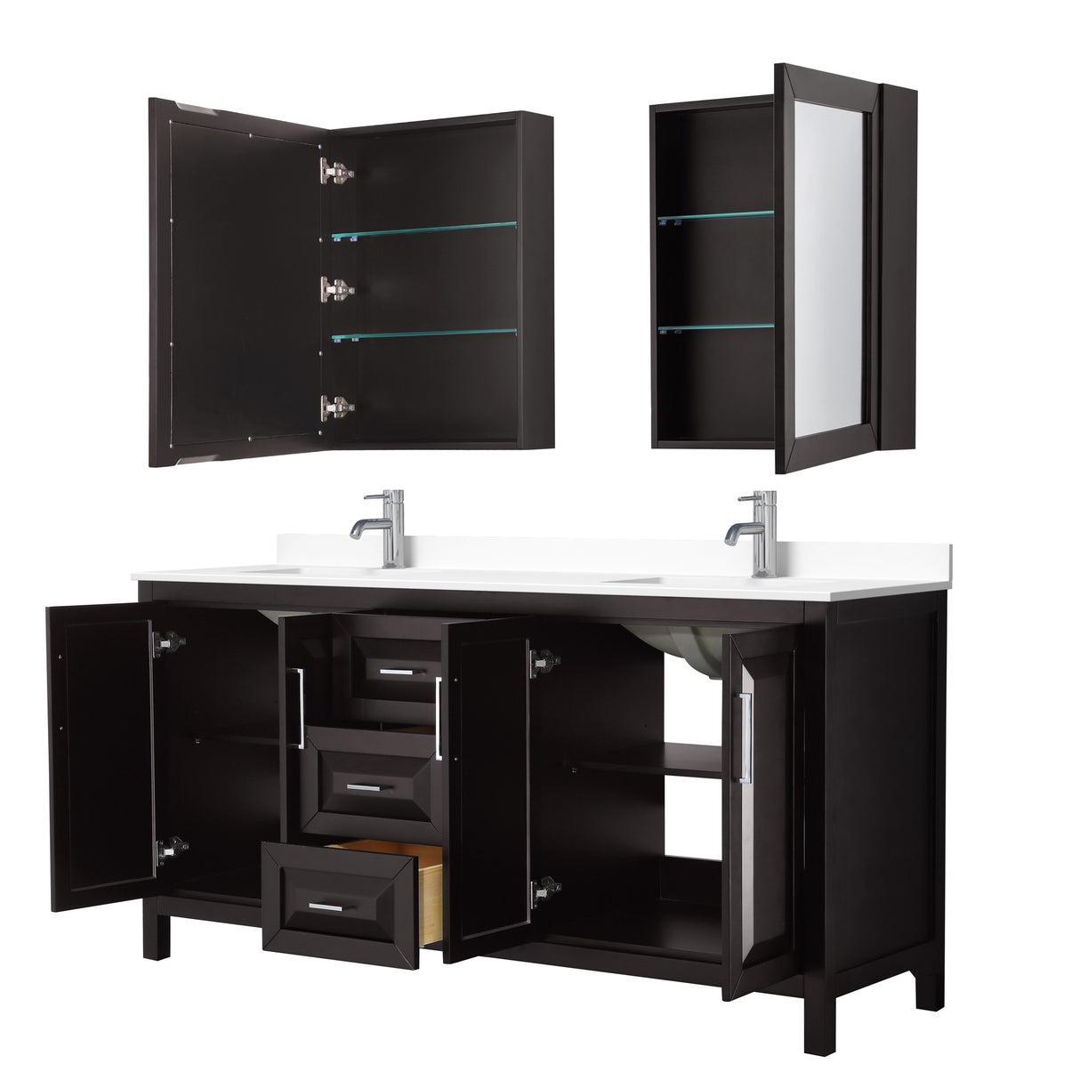 Daria 72 Inch Double Bathroom Vanity in Dark Espresso White Cultured Marble Countertop Undermount Square Sinks Medicine Cabinets