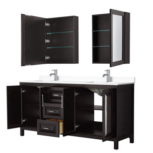 Daria 72 Inch Double Bathroom Vanity in Dark Espresso White Cultured Marble Countertop Undermount Square Sinks Medicine Cabinets