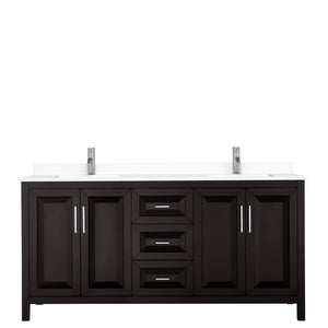 Daria 72 Inch Double Bathroom Vanity in Dark Espresso White Cultured Marble Countertop Undermount Square Sinks No Mirror