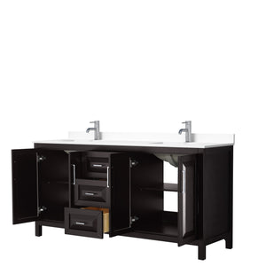 Daria 72 Inch Double Bathroom Vanity in Dark Espresso White Cultured Marble Countertop Undermount Square Sinks No Mirror