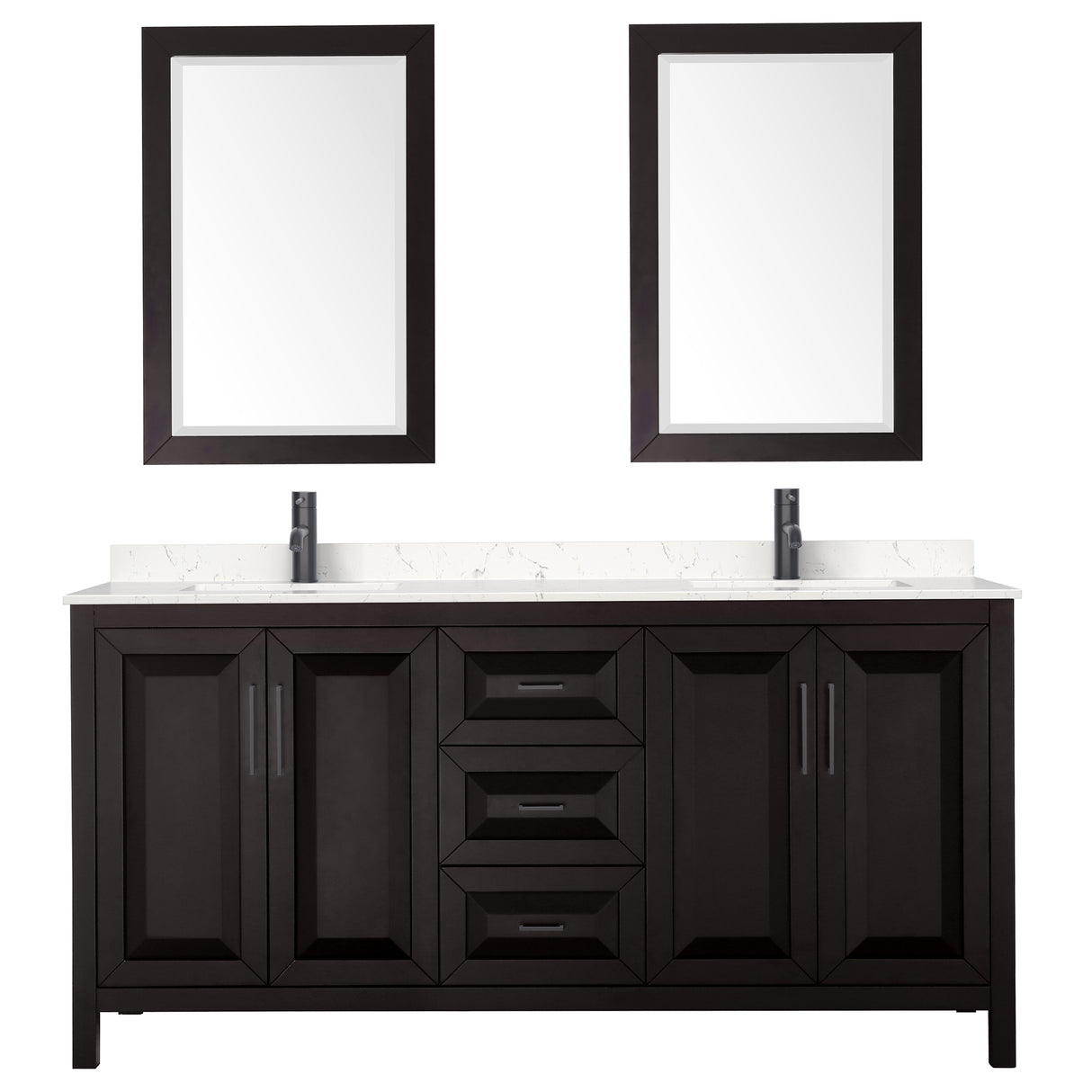 Daria 72 Inch Double Bathroom Vanity in Dark Espresso Carrara Cultured Marble Countertop Undermount Square Sinks Matte Black Trim 24 Inch Mirrors