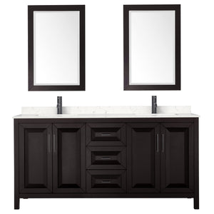 Daria 72 Inch Double Bathroom Vanity in Dark Espresso Carrara Cultured Marble Countertop Undermount Square Sinks Matte Black Trim 24 Inch Mirrors