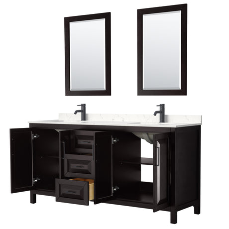 Daria 72 Inch Double Bathroom Vanity in Dark Espresso Carrara Cultured Marble Countertop Undermount Square Sinks Matte Black Trim 24 Inch Mirrors