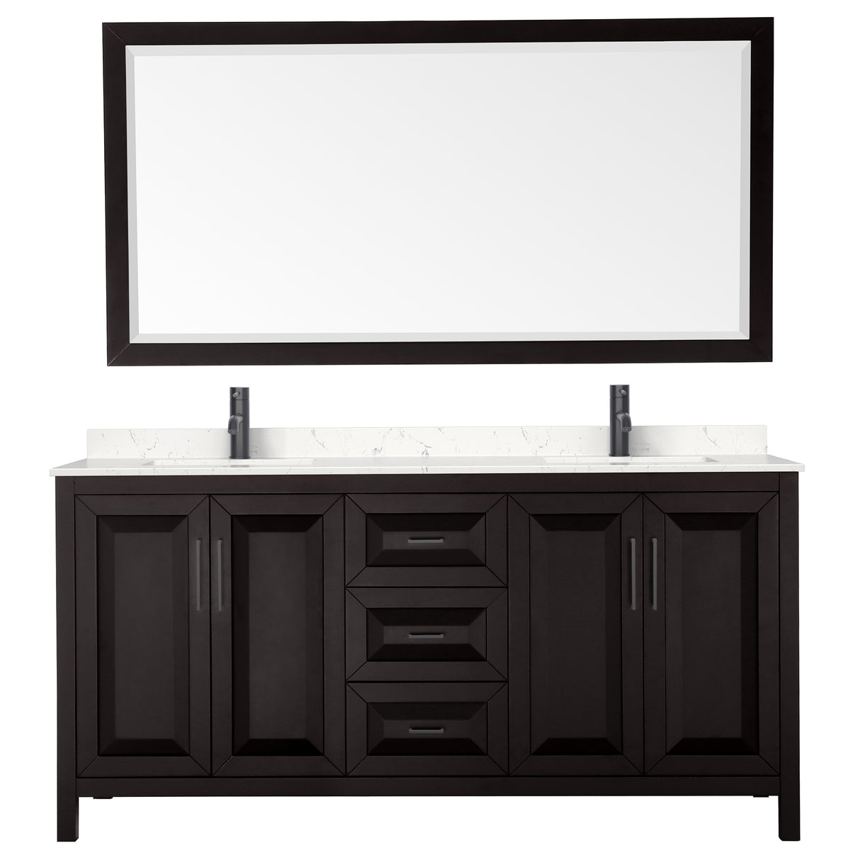 Daria 72 Inch Double Bathroom Vanity in Dark Espresso Carrara Cultured Marble Countertop Undermount Square Sinks Matte Black Trim 70 Inch Mirror