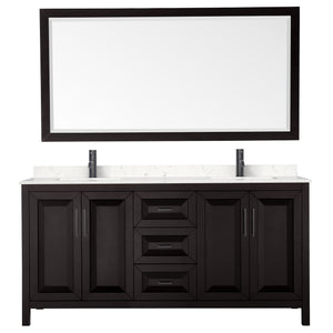Daria 72 Inch Double Bathroom Vanity in Dark Espresso Carrara Cultured Marble Countertop Undermount Square Sinks Matte Black Trim 70 Inch Mirror