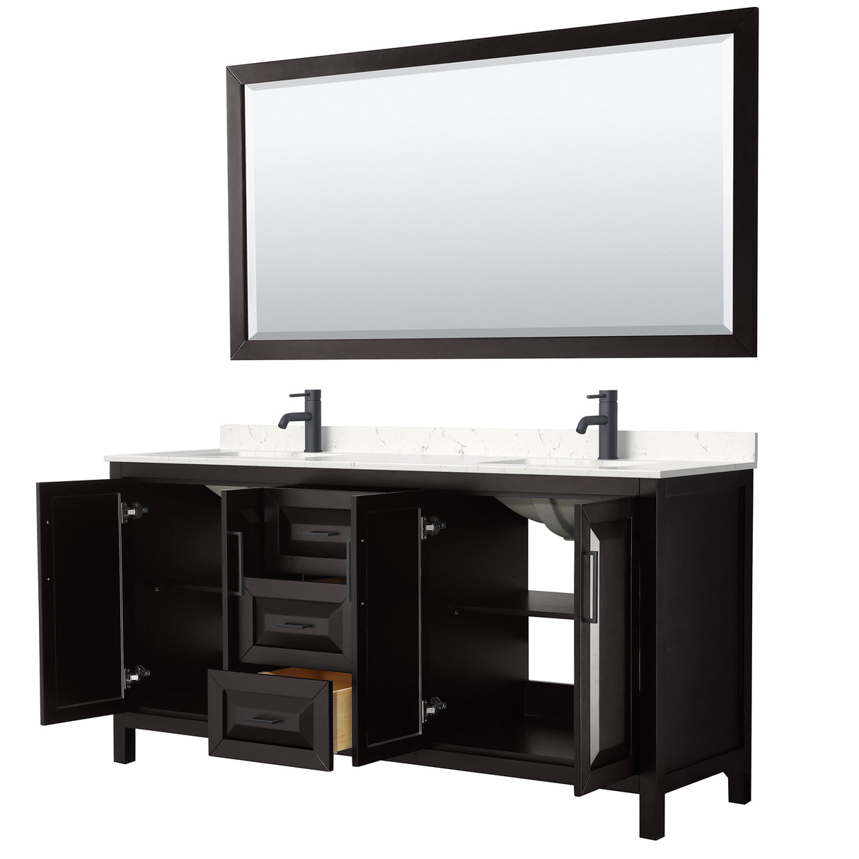 Daria 72 Inch Double Bathroom Vanity in Dark Espresso Carrara Cultured Marble Countertop Undermount Square Sinks Matte Black Trim 70 Inch Mirror