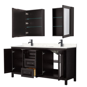 Daria 72 Inch Double Bathroom Vanity in Dark Espresso Carrara Cultured Marble Countertop Undermount Square Sinks Matte Black Trim Medicine Cabinets