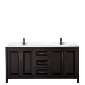 Daria 72 Inch Double Bathroom Vanity in Dark Espresso Carrara Cultured Marble Countertop Undermount Square Sinks Matte Black Trim