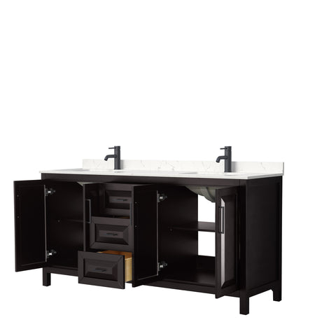 Daria 72 Inch Double Bathroom Vanity in Dark Espresso Carrara Cultured Marble Countertop Undermount Square Sinks Matte Black Trim