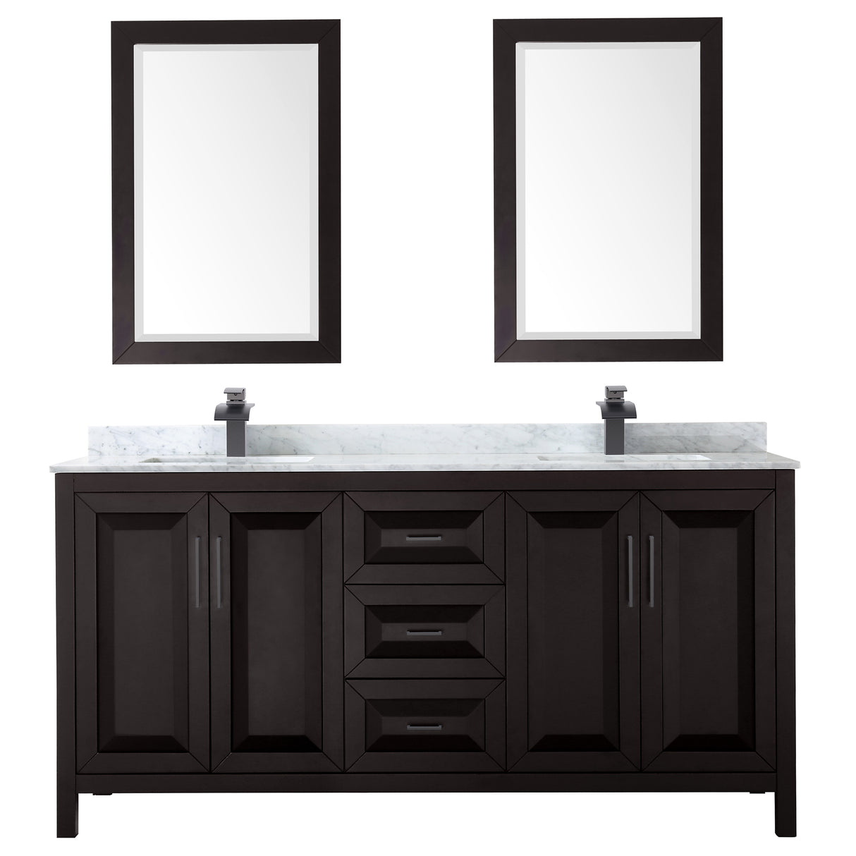 Daria 72 Inch Double Bathroom Vanity in Dark Espresso White Carrara Marble Countertop Undermount Square Sinks Matte Black Trim 24 Inch Mirrors