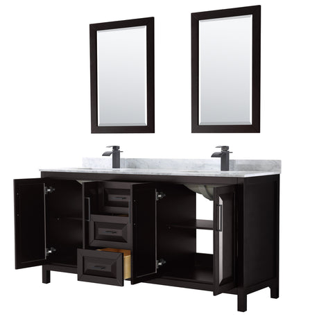 Daria 72 Inch Double Bathroom Vanity in Dark Espresso White Carrara Marble Countertop Undermount Square Sinks Matte Black Trim 24 Inch Mirrors