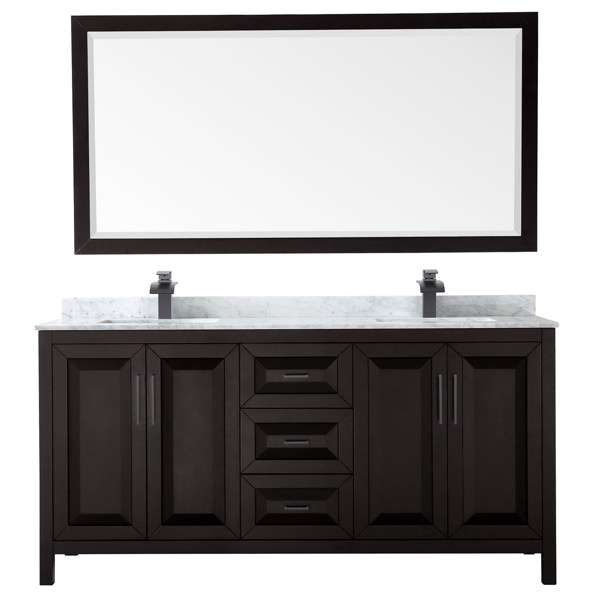 Daria 72 Inch Double Bathroom Vanity in Dark Espresso White Carrara Marble Countertop Undermount Square Sinks Matte Black Trim 70 Inch Mirror