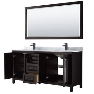 Daria 72 Inch Double Bathroom Vanity in Dark Espresso White Carrara Marble Countertop Undermount Square Sinks Matte Black Trim 70 Inch Mirror