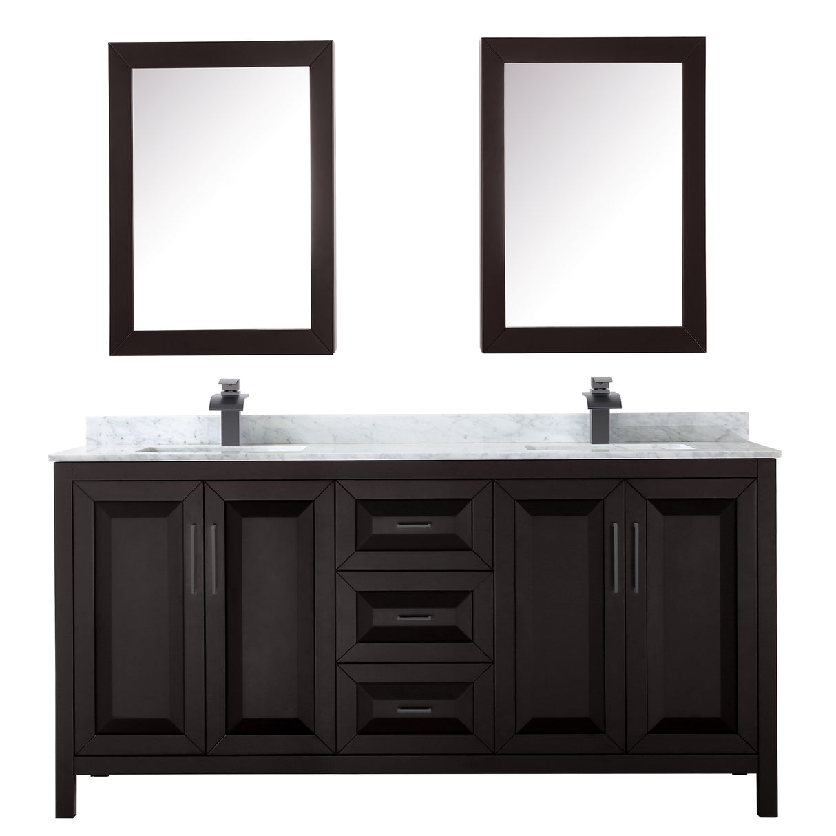 Daria 72 Inch Double Bathroom Vanity in Dark Espresso White Carrara Marble Countertop Undermount Square Sinks Matte Black Trim Medicine Cabinets